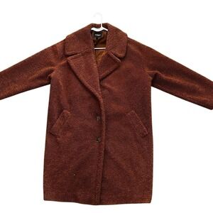 Express Womens Rust Brown Teddy Coat Faux Fur Sherpa Jacket XL Notched Lapel
